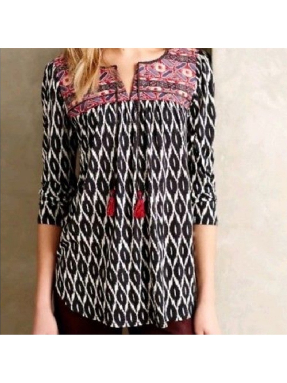 Anthropologie One September Palamba Ikat Embroidered Bib Top Medium